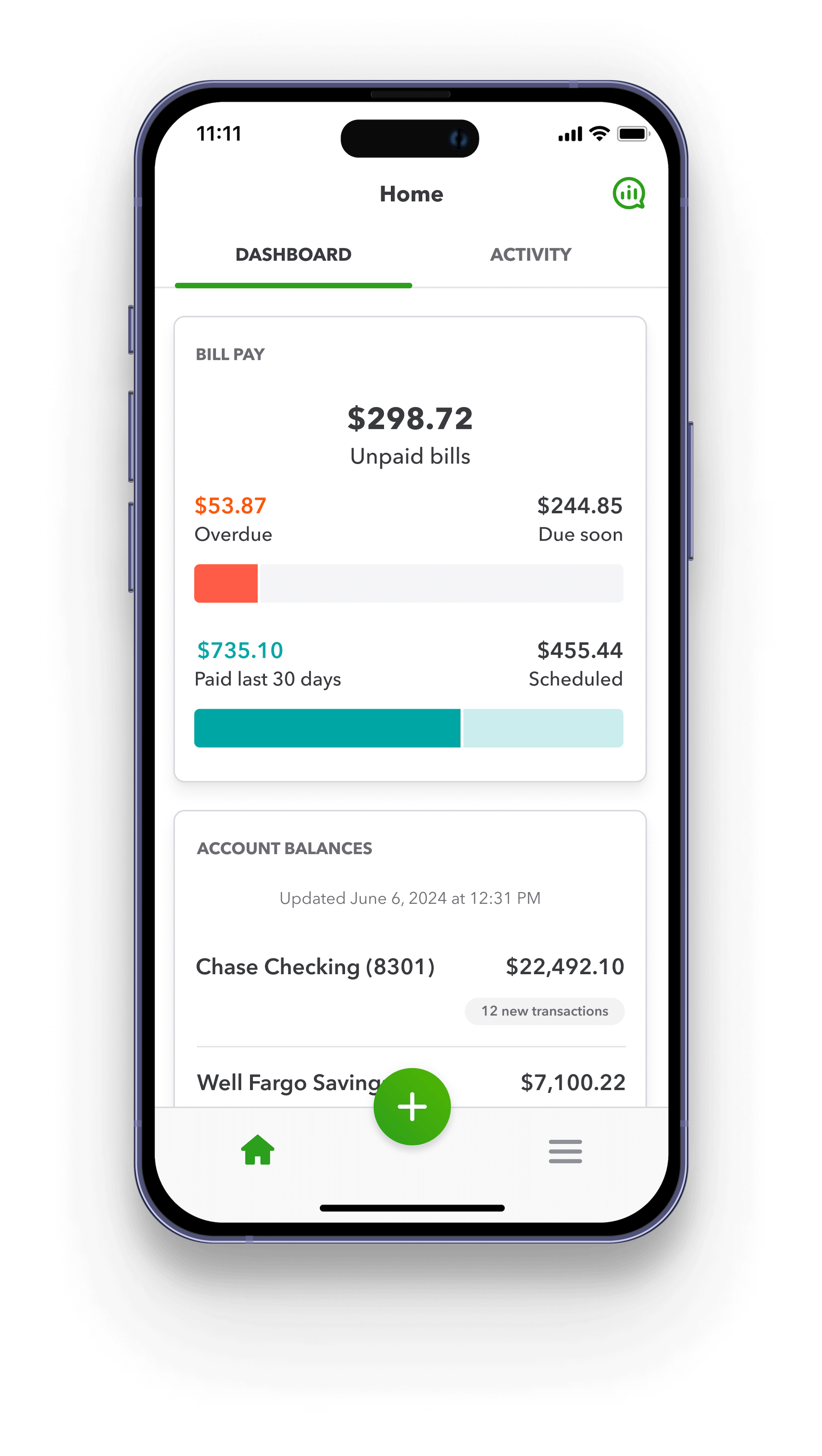 Design mockup of bill pay feature in the QuickBooks app.