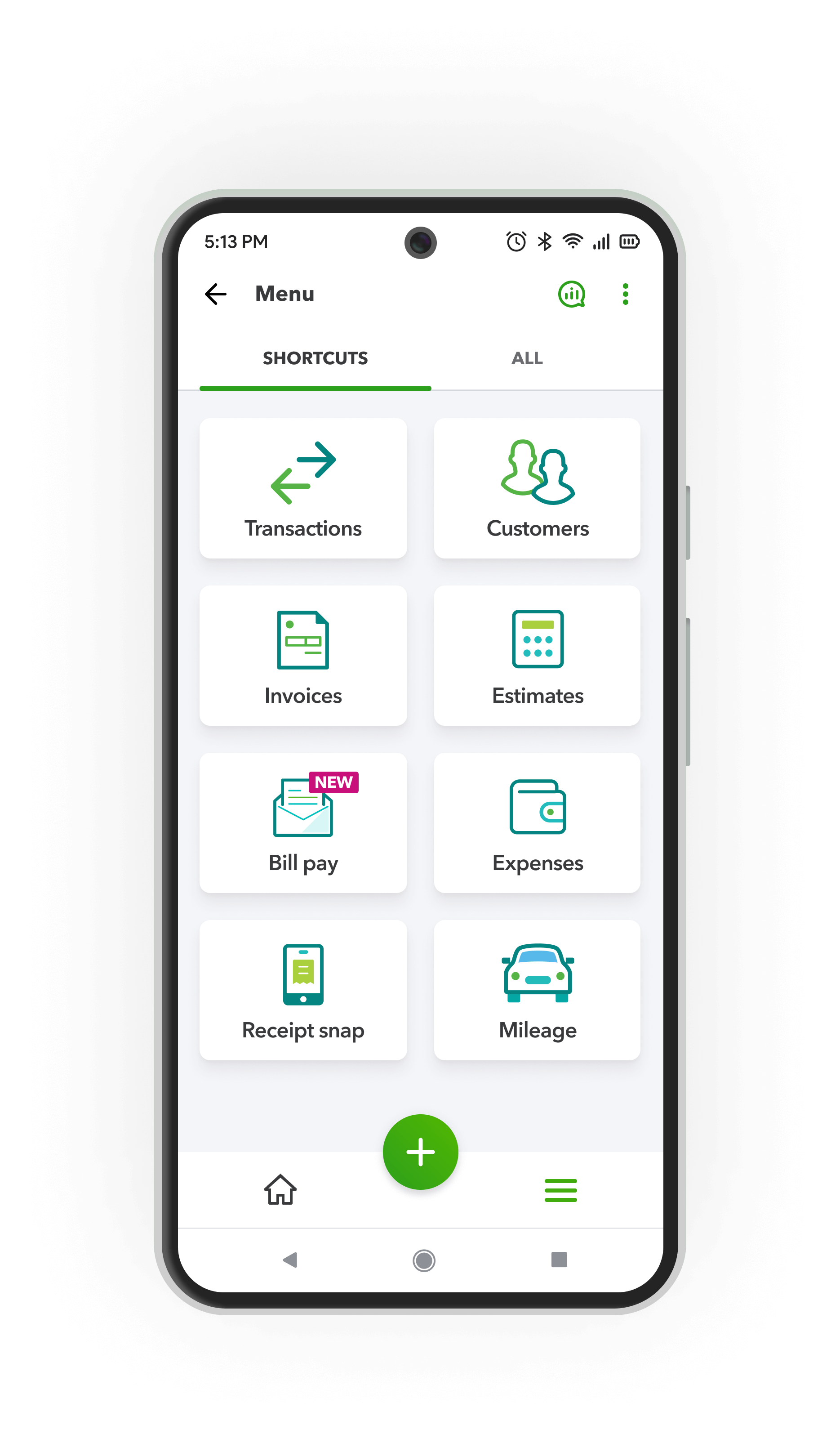 Design mockup of menu screen in the QuickBooks app.