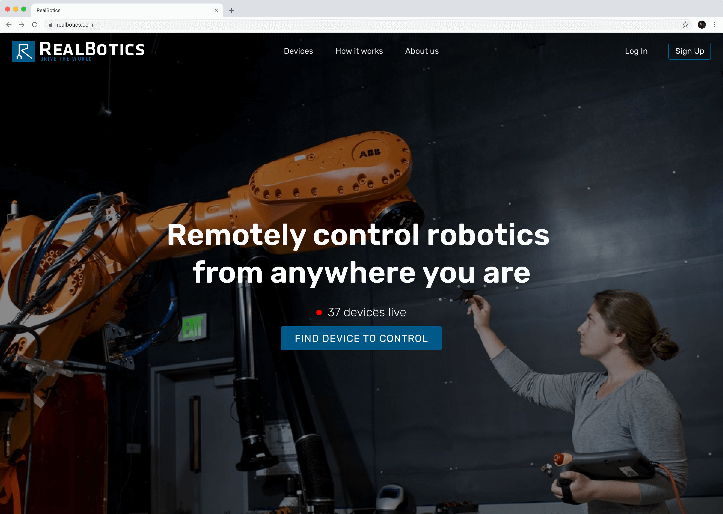 Design mockup of landing page for RealBotics.