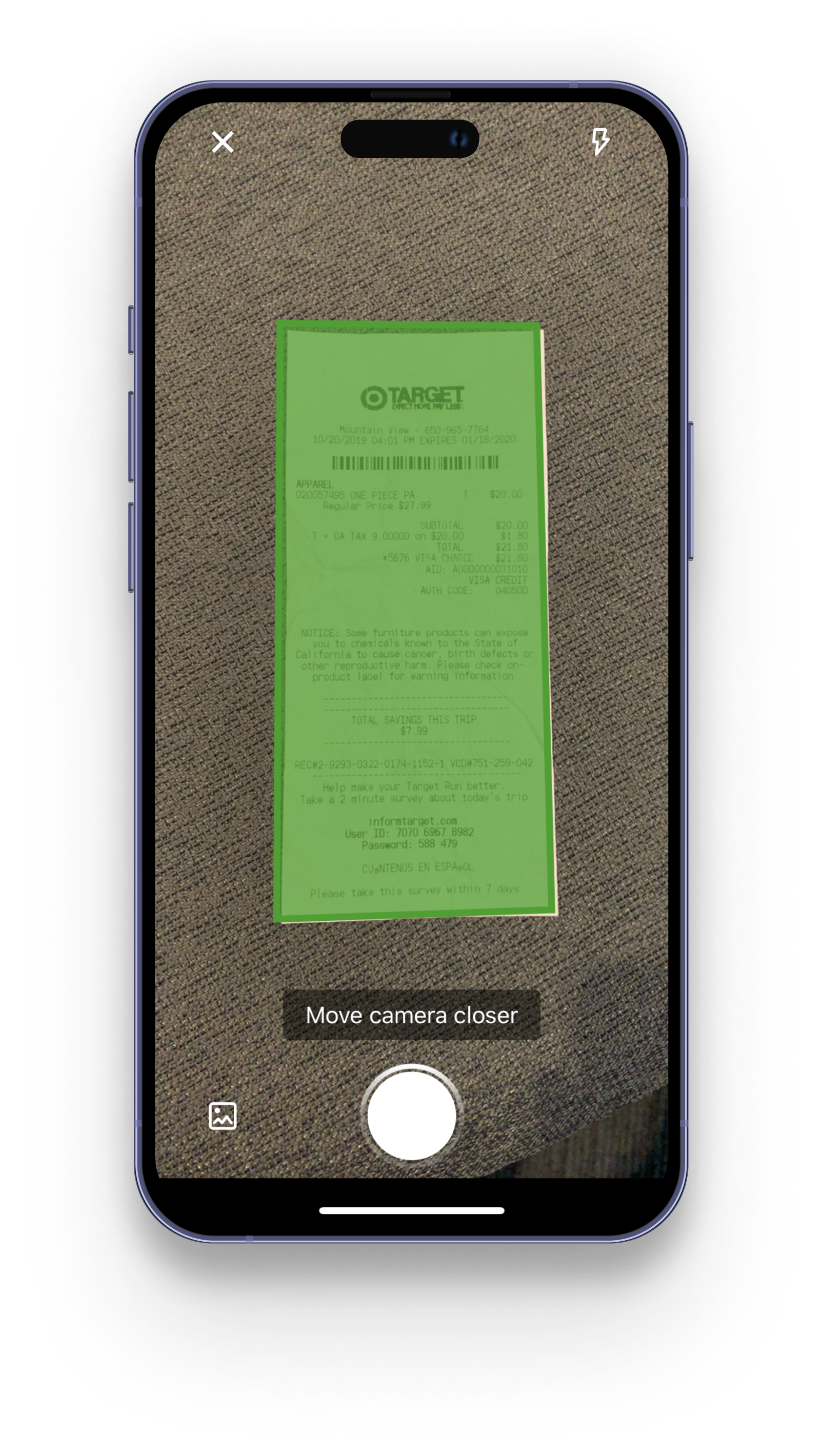 Mockup of the QuickBooks mobile app receipt capture feature, showing a receipt being scanned for data extraction