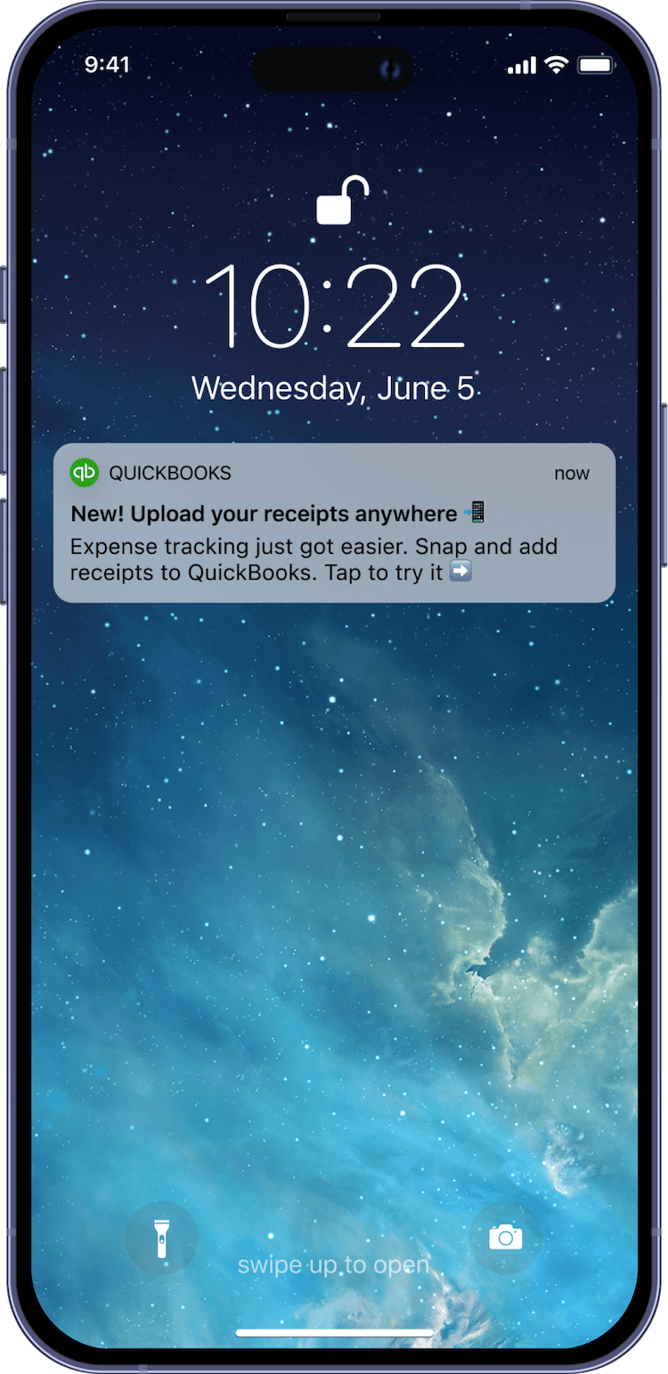 A mockup of push notification saying 'New! Upload your receipts anywhere'.