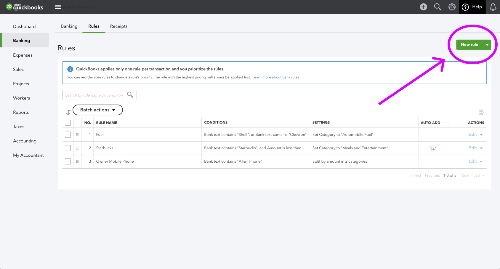 A screenshot locating the primary action to create a rule in QuickBooks that will be covered up by the help feature.